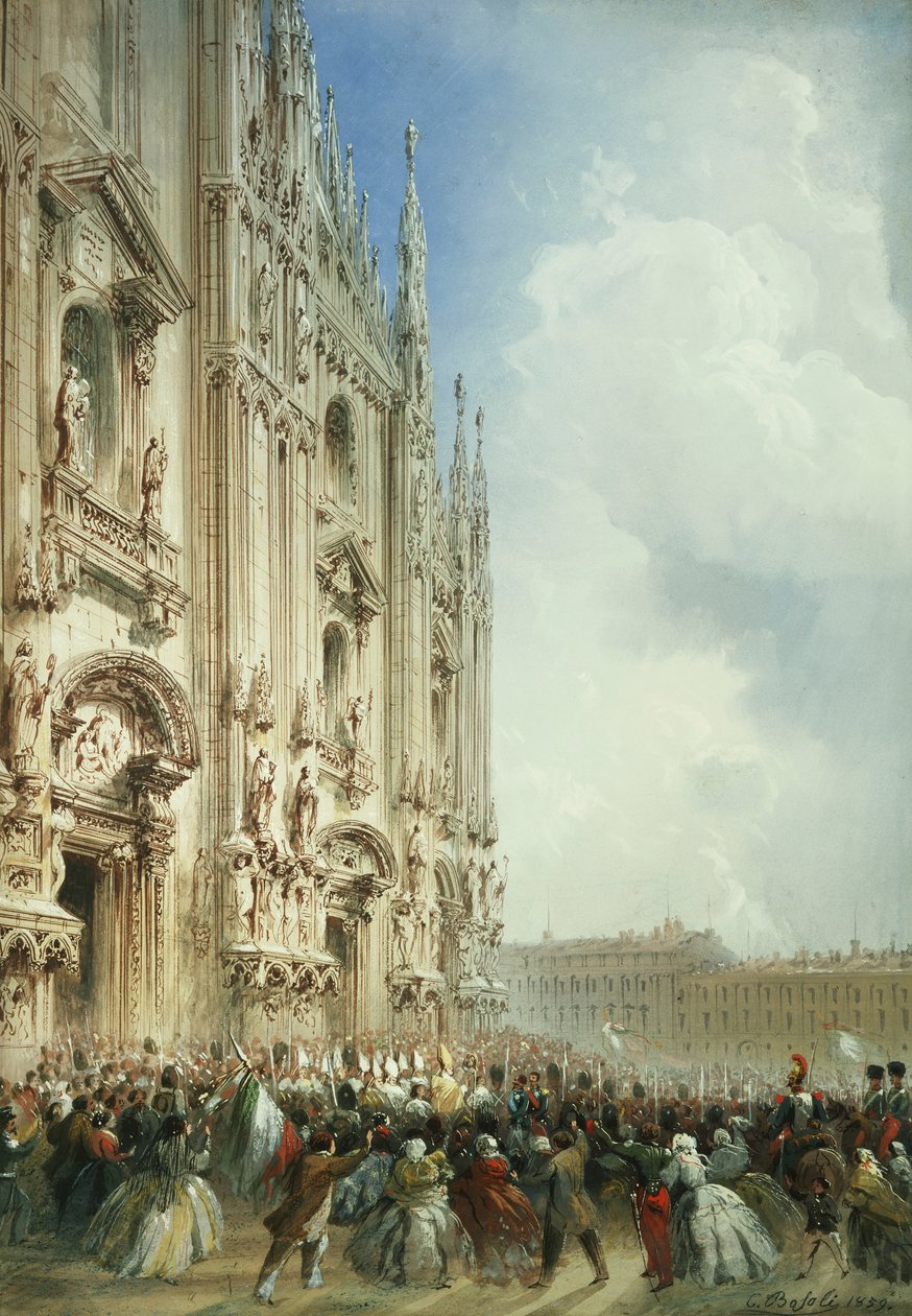 Kriget i Italien: Kejsar Napoleon III:s och kungen av Sardiniens ankomst till Duomo, Milano, 1859 av Carlo Bossoli