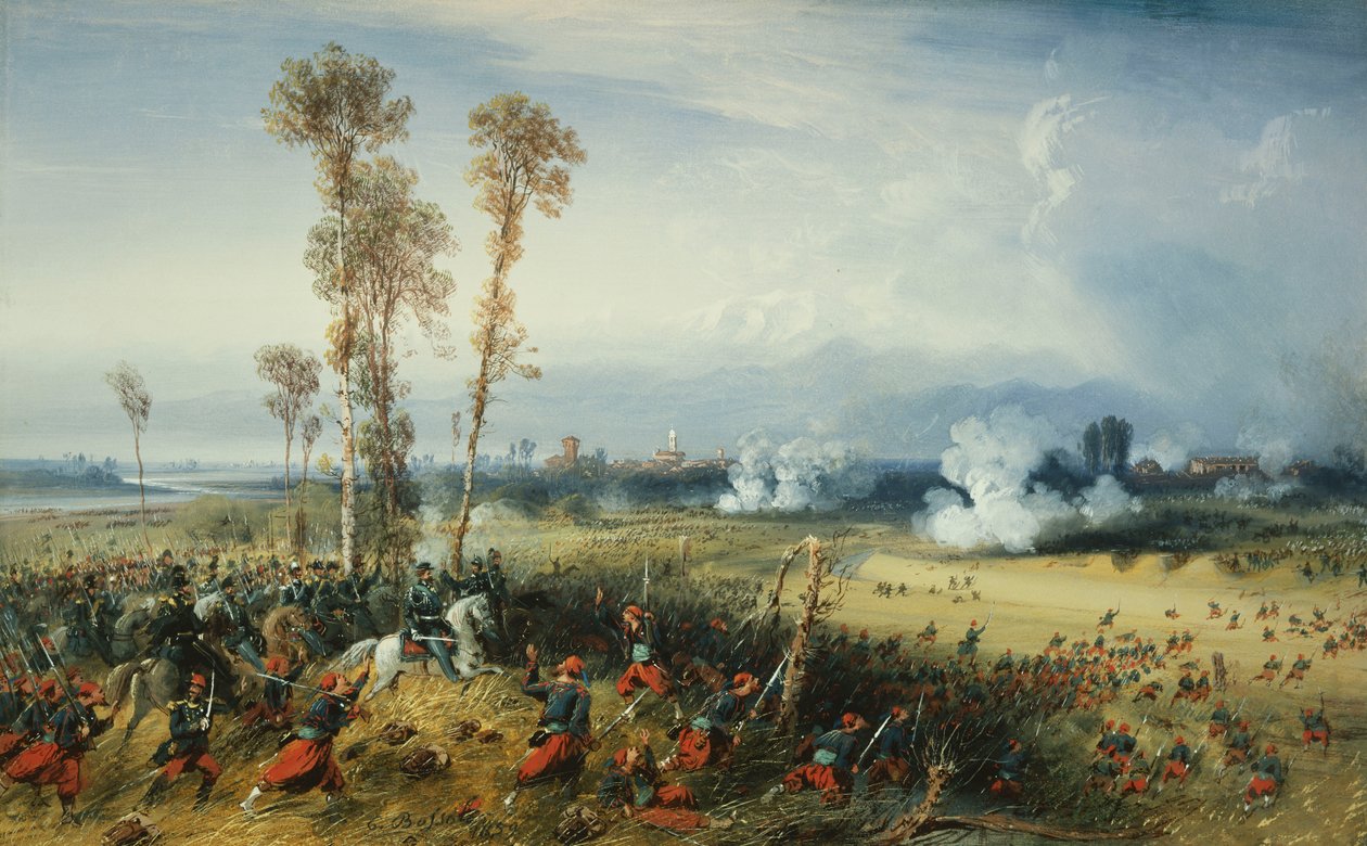 Kriget i Italien: Slaget vid Palestro, kungen av Sardinien som leder trupperna, 1859 av Carlo Bossoli