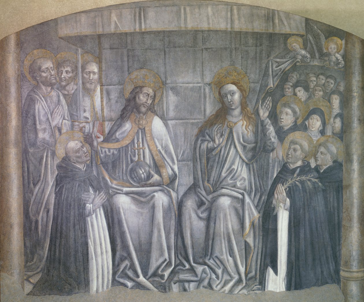 Kristus ger värld till Saint Dominic i närvaro av Jungfru Maria, fresk av Carlo Braccesco av Carlo Braccesco