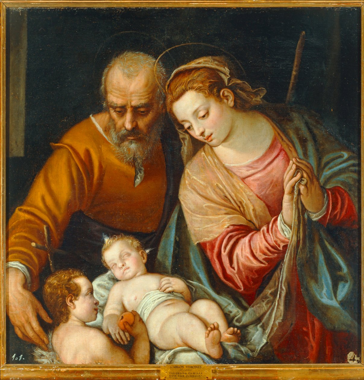 Den heliga familjen med den unge Johannes Döparen ... av Carlo Caliari