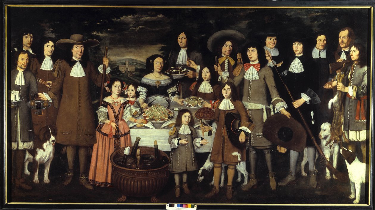 Porträtt av en familj eller "" Drink under en jaktlek """. Målning av Carlo Cane (1618-1688). 1600-talsmålning. Pinacoteca del Castello Sforzesco Milano av Carlo Cane