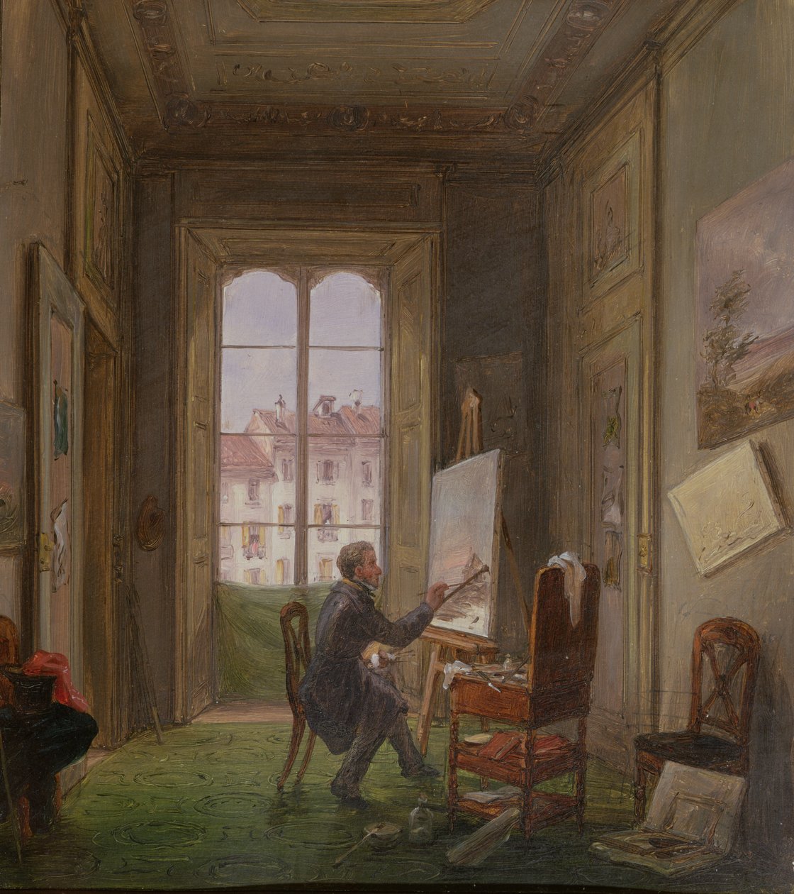 Målaren Giuseppe Canella arbetar på en duk i sin ateljé, ca 1830 av Carlo Canella