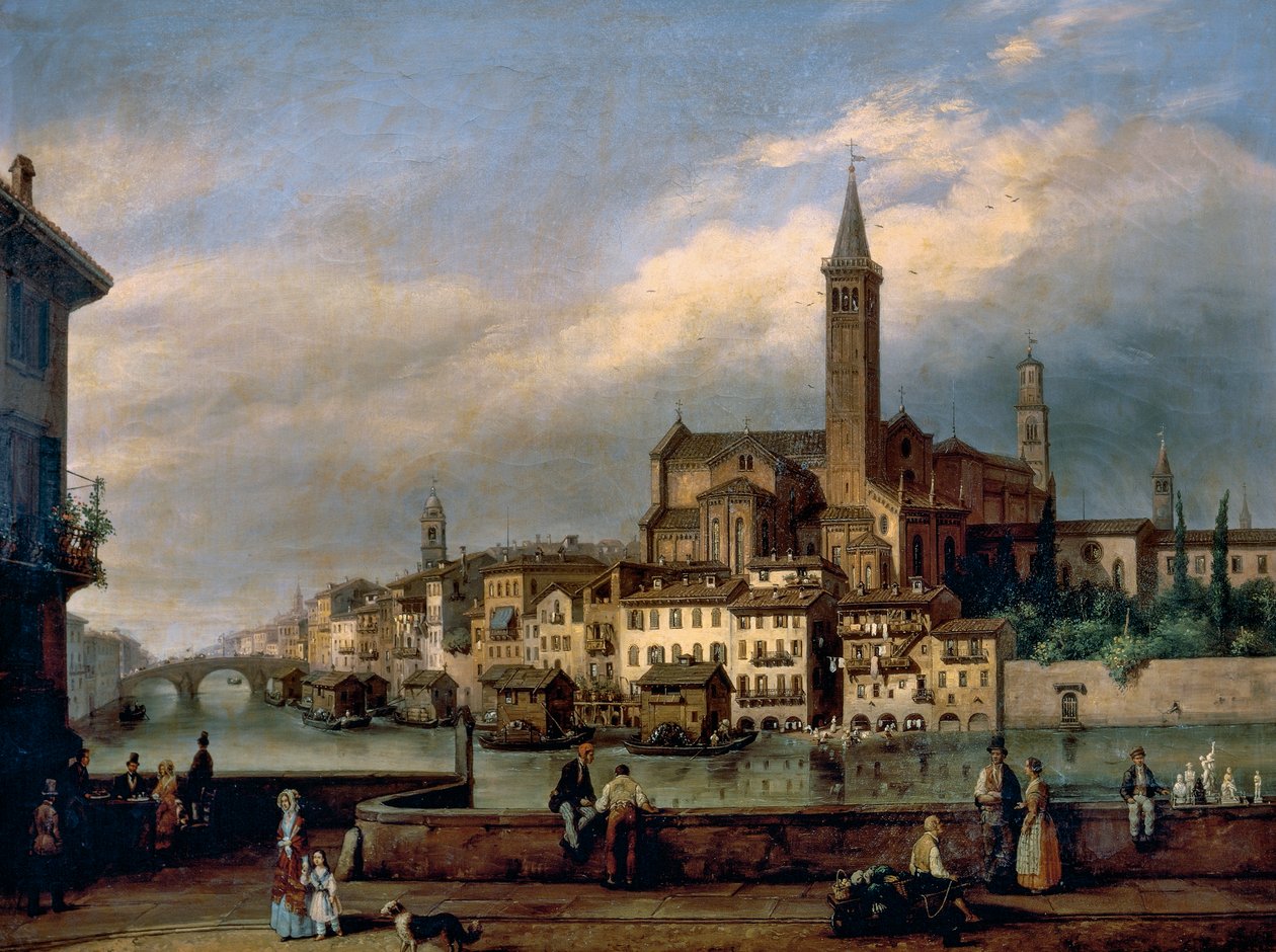 Utsikt längs floden Adige i Verona, med Church of St Anastasia i bakgrunden av Carlo Canella