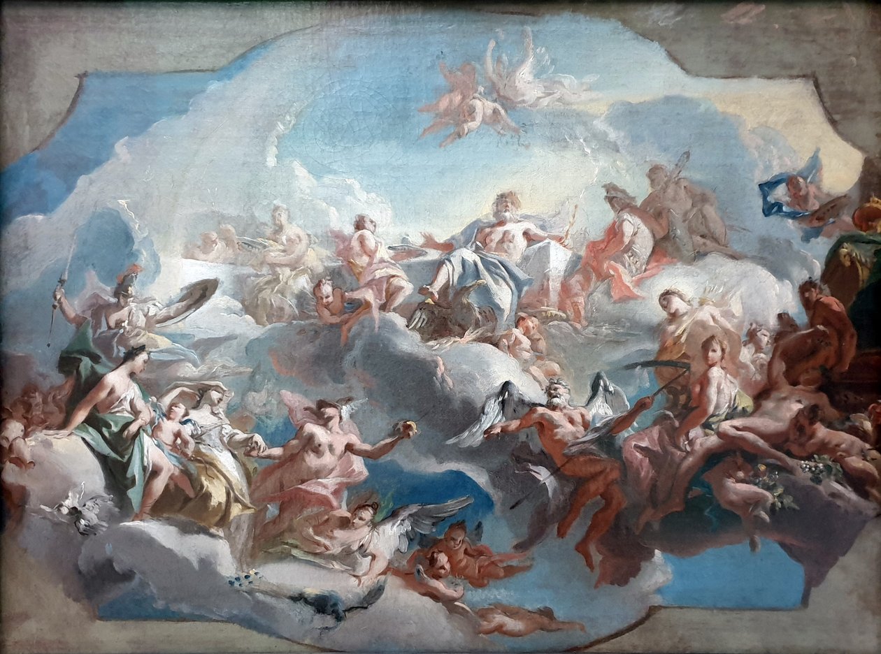 Tyska: Der Aufbruch der Göttinnen Juno, Venus und Minerva, geleitet von Merkur, zum Parisurteil Gudinnorna Junos, Venus och Minervas avfärd till Paris dom av Carlo Carlone