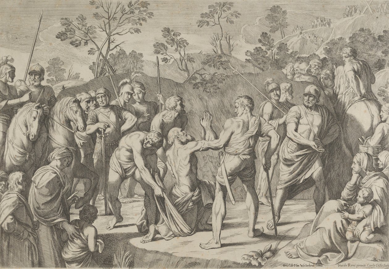 Den helige Andreas knäböjer i bön när han leds till korset, efter Reni, 1650-80. av Carlo Cesi