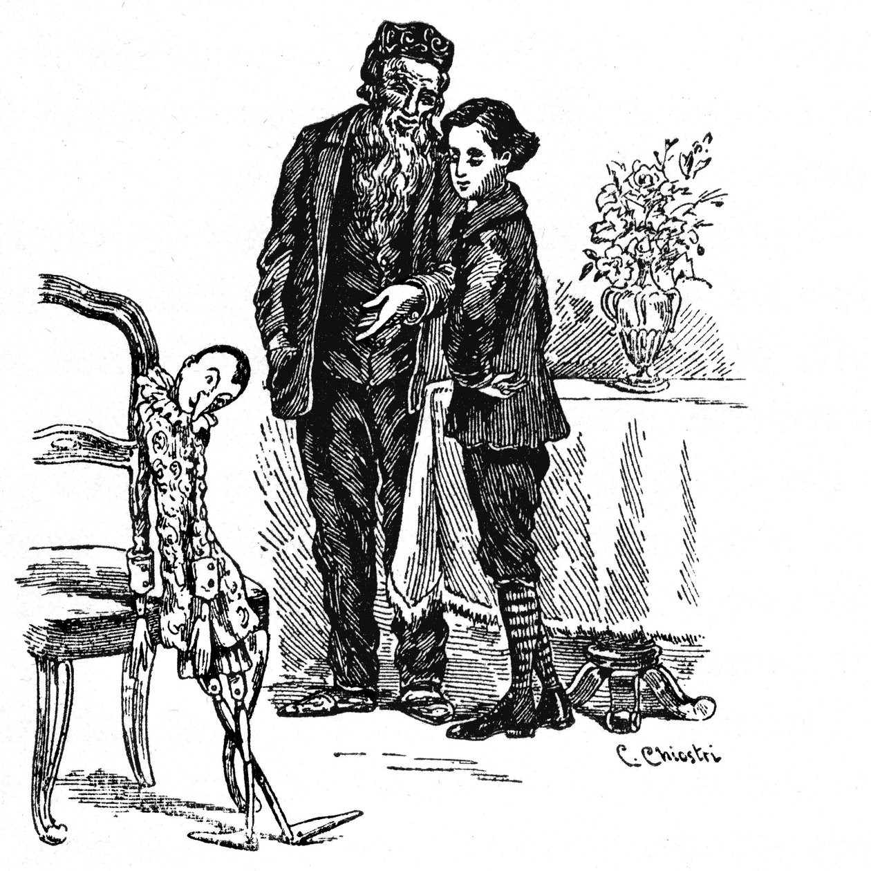Illustration av Pinocchio av Carlo Chiostri (1863-1939), en av de första italienska illustratörerna av Collodis verk. Pinocchio, som äntligen blir en riktig liten pojke, tittar tillsammans med Geppettto på den trädocka han var. av Carlo Chiostri