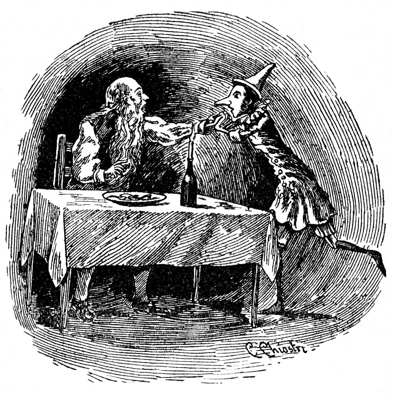 Illustration av Pinocchio av Carlo Chiostri (1863-1939), en av de första italienska illustratörerna av Collodis verk. Trädockan hittar sin far Gepetto i magen på hajen som svalde dem. av Carlo Chiostri