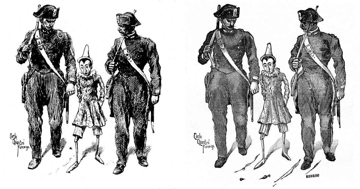 Pinocchio av Carlo Chiostri (1863-1939), en av de första italienska illustratörerna av Collodis (Carlo Lorenzini) verk. Två gendarmer tar trädockan. Bilden till vänster är Chiostris originalteckning, den till höger är gravyrcarri av Carlo Chiostri