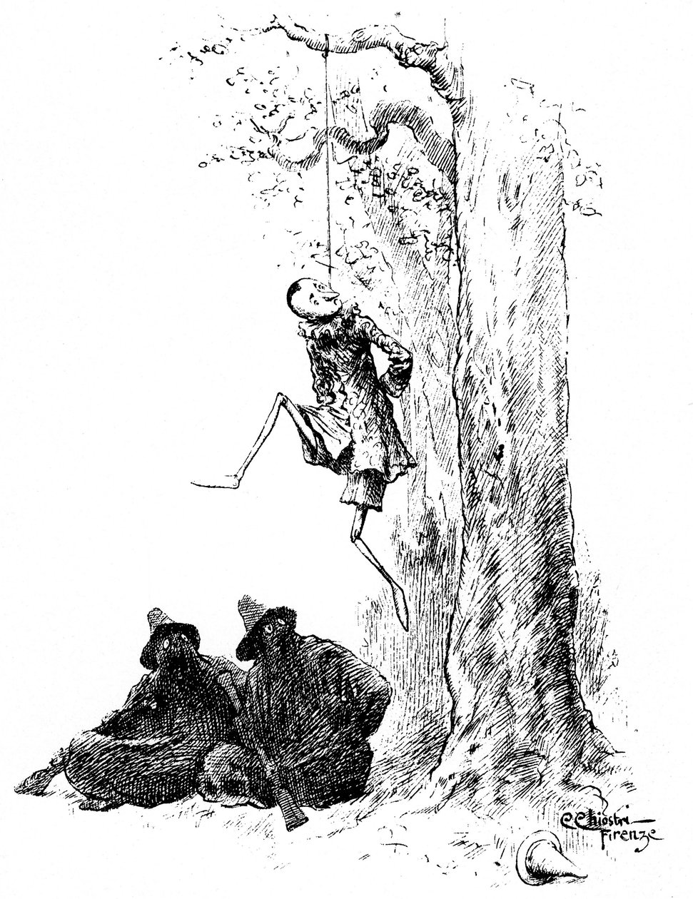 Pinocchio av Carlo Chiostri (1863-1939), en av de första italienska illustratörerna av Collodis (Carlo Lorenzini) verk. Trädockan hängs i ett träd av två banditer (katten och den kamouflerade räven). Denna originalteckning av Chiostri ska vara comp av Carlo Chiostri