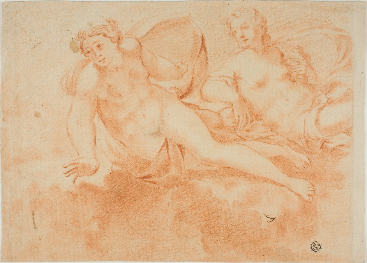 Två molnburna nakna kvinnofigurer (recto); Fragment av liggande figur (verso) av Carlo Cignani