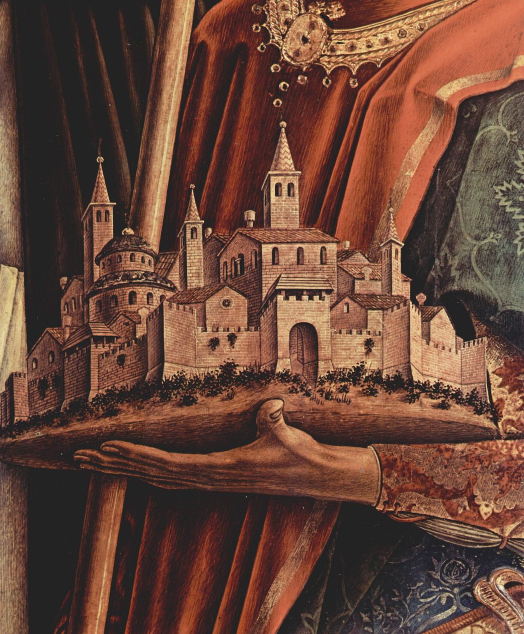 Altartriptyk, höger panel: S:t Peter Martyr och S:t Venetianus av Camerino, detalj: modell av staden Camerino i händerna på stadshelgonet Venetianus av Carlo Crivelli
