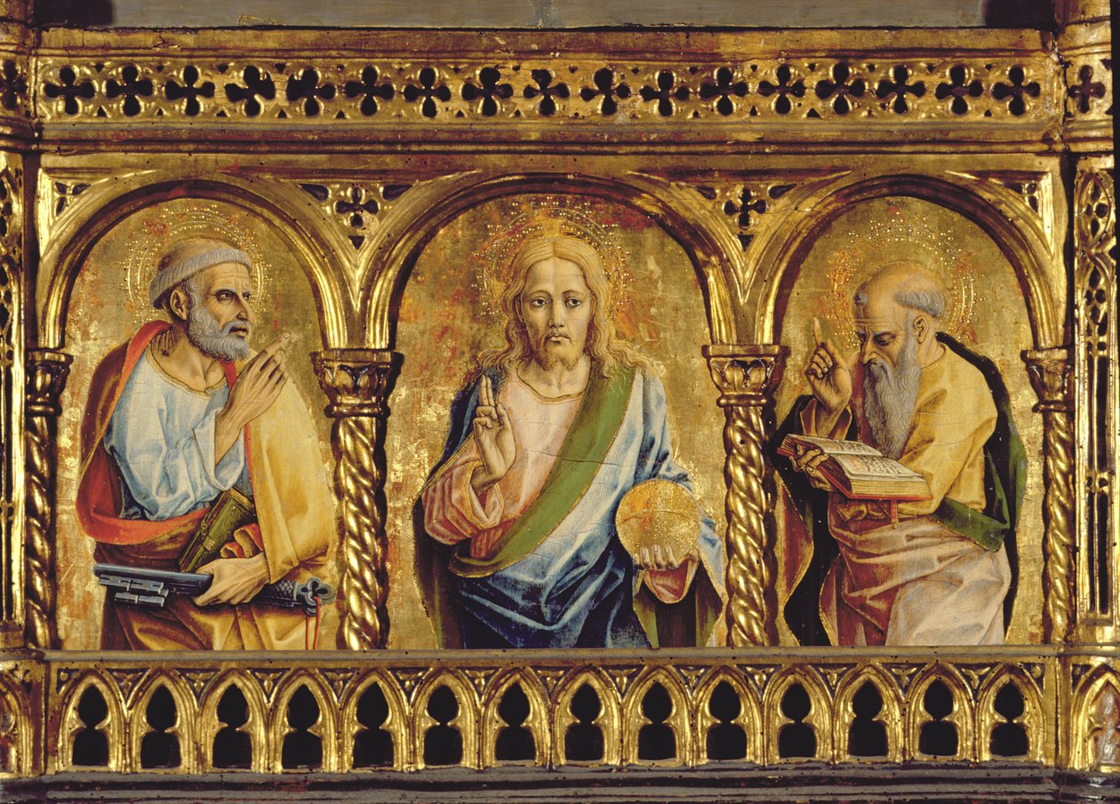Kristus med St. Peter och St. Paul, detalj från SantEmidio polyptych tempera på paneldetalj av 76636 av Carlo Crivelli
