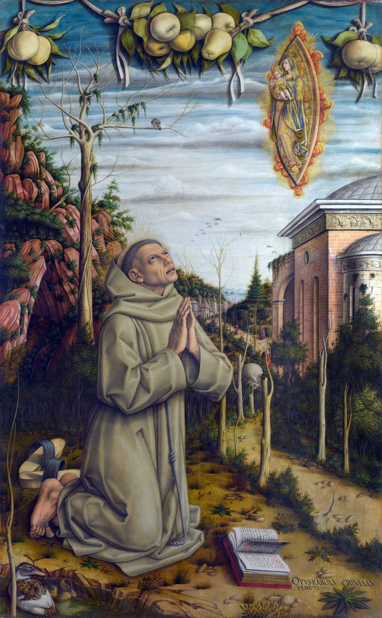 Synen av den salige Gabriel - Gabriele Ferretti (1385-1456), italiensk franciskan ser Jungfru Maria och Jesusbarnet uppenbara sig - Målning av Carlo Crivelli (omkring 1435- omkring 1495), tempera på trä (141x87 cm) av Carlo Crivelli