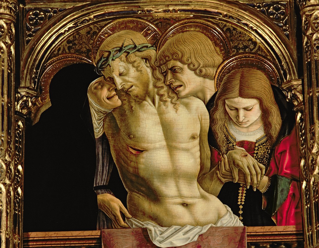 Lamentation of the Dead Christ, detalj från polyptiken SantEmidio, 1473 tempera på paneldetalj av 76636 av Carlo Crivelli