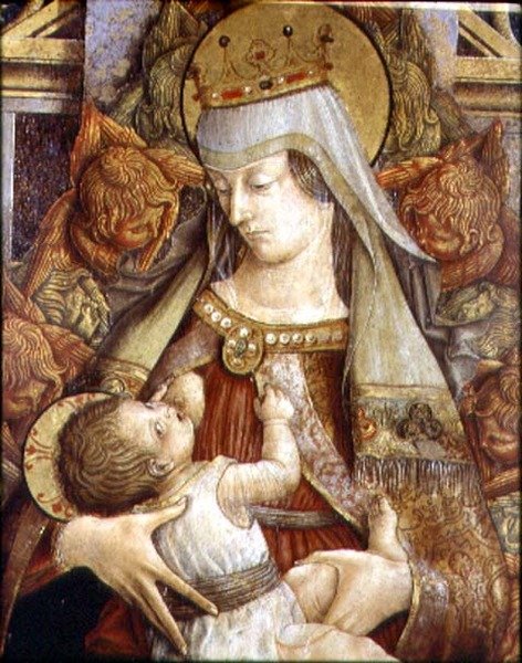 Madonna Suckling the Christ Child (olja på panel) av Carlo Crivelli