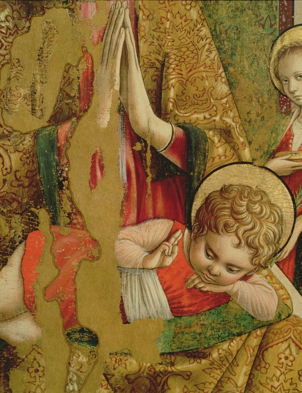 Madonna och barn, detalj av Kristusbarnet, från centralpanelen i den andra triptyken av Valle Castellamo tempera på paneldetalj av 76632 av Carlo Crivelli