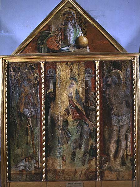 Madonna och barn med helgon, den första triptyken i dalen Castellano (tempera på panel) av Carlo Crivelli
