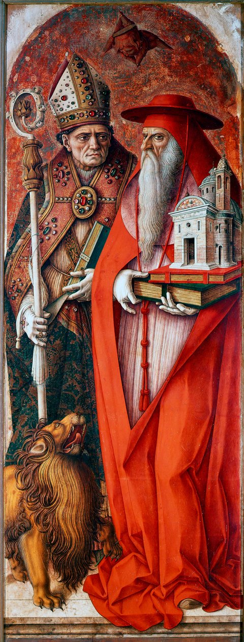 Polyptyk av katedralen i Camerino (Duomo di Camerino): Saint Hieronymus och Saint Augustine. Målning av Carlo Crivelli (1430 / 35-1494 / 1500). Tempera på trä av Carlo Crivelli