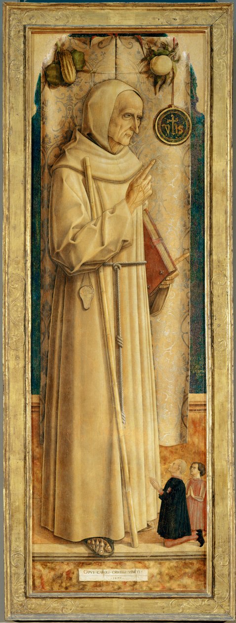 Saint Jaques de la Marche och två knäböjande donatorer... av Carlo Crivelli
