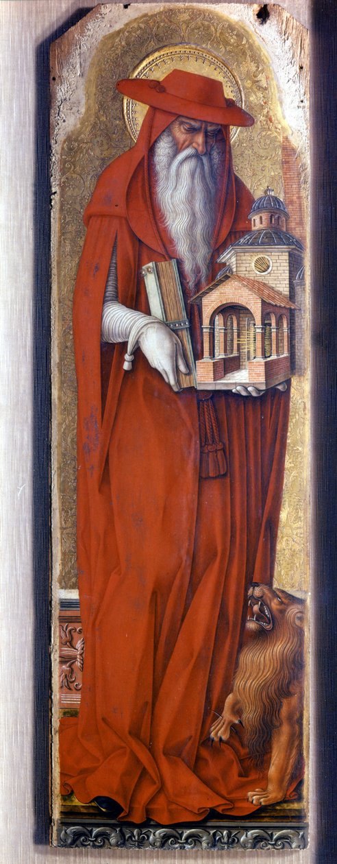 Saint Hieronymus bär biskopens kostym (keps). Predelle Demidoff av Carlo Crivelli (1430/35 - 1494). 1476. av Carlo Crivelli