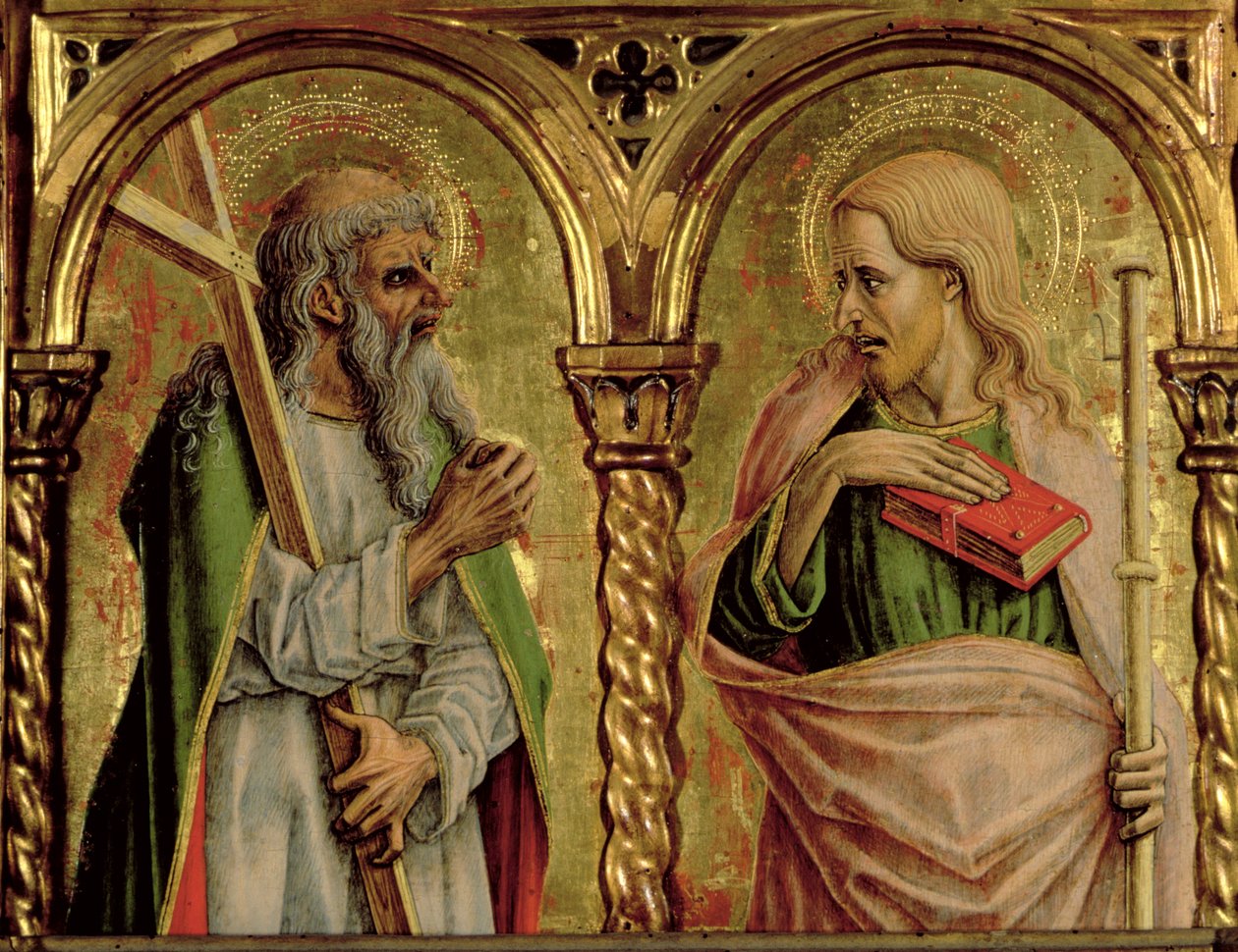 St. Andrew och St. James the Greater, detalj från polyptiken SantEmidio, 1473 tempera på paneldetalj av 76636 av Carlo Crivelli