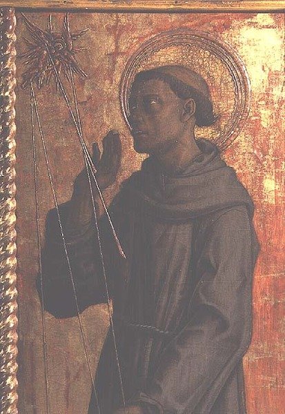 St Francis, detalj från polyptyken San Silvestro av Carlo Crivelli