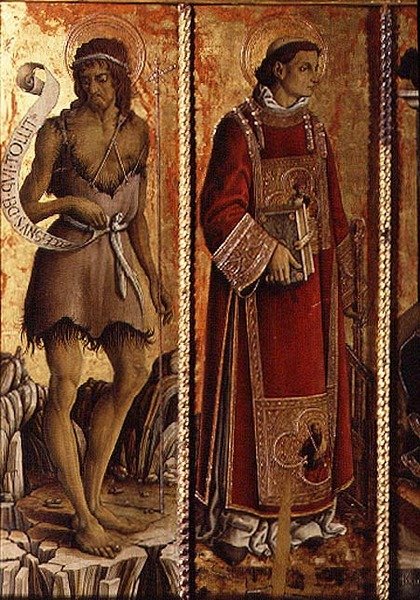 Johannes Döparen och Sankt Laurentius, detalj från polyptiken San Silvestro av Carlo Crivelli