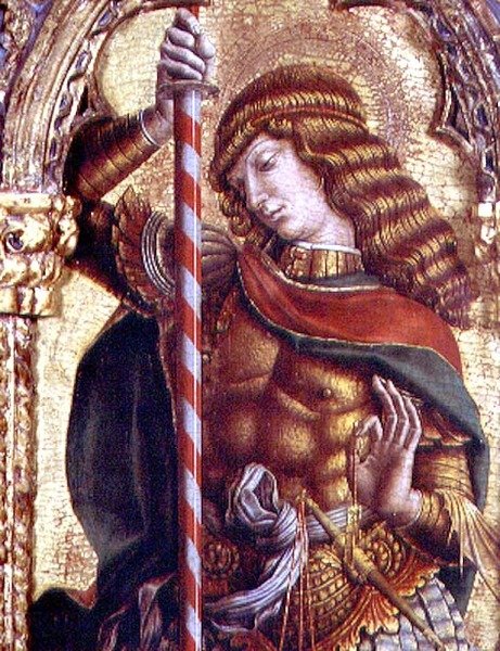 St. Michael, detalj från San Martino polyptyk (tempera på panel) (se 76669) av Carlo Crivelli