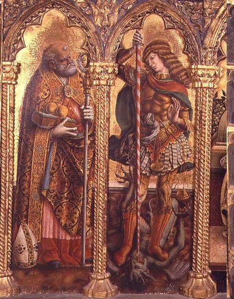 St. Nicholas och St. Michael, detalj från polyptiken San Martino (tempera på panel) (se 76669) av Carlo Crivelli