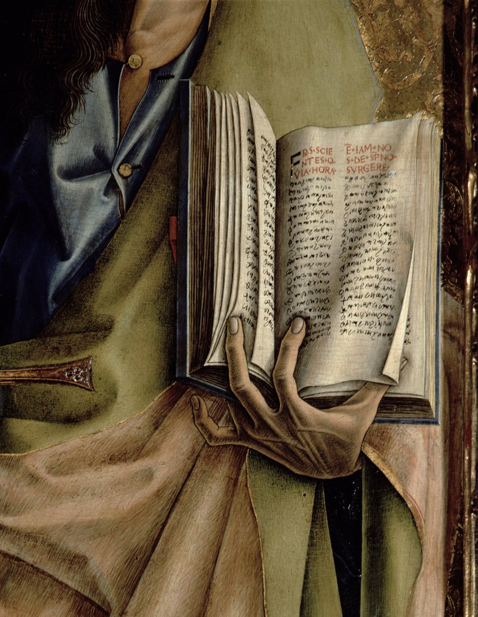 St Paul, detalj i brevboken, från polyptyken SantEmidio, 1473 tempera på paneldetalj av 76647, 76646 och 76636 av Carlo Crivelli
