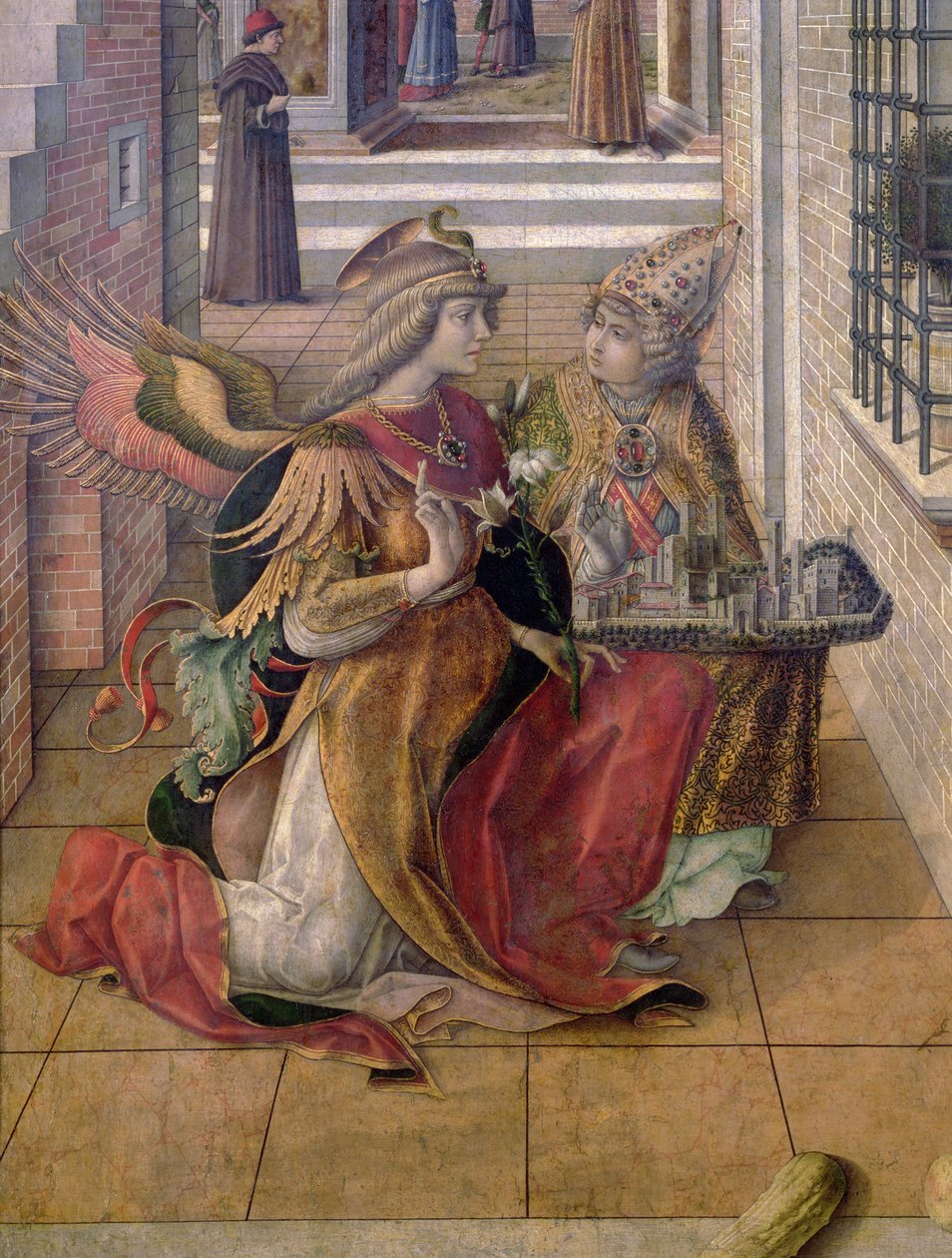 Bebådelsen med St. Emidius, detalj av ärkeängeln Gabriel med helgonet, 1486 (tempera och olja på panel) (detalj av 97895) av Carlo Crivelli