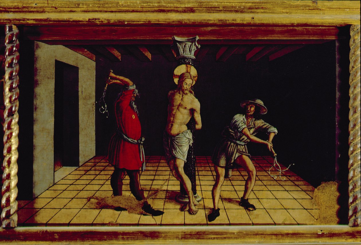 The Flagellation of Christ, central högra predellapanel från San Silvestro polyptyk, 1468 (tempera på panel) (se 76657) av Carlo Crivelli