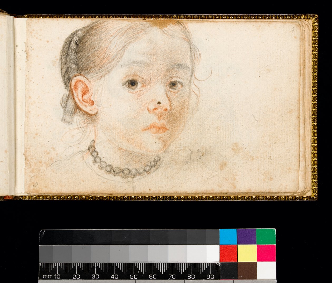 Huvud och axlar av en ung flicka, hennes hår flätat runt bakhuvudet, iklädd ett halsband, 1667-1670 av Carlo Dolci