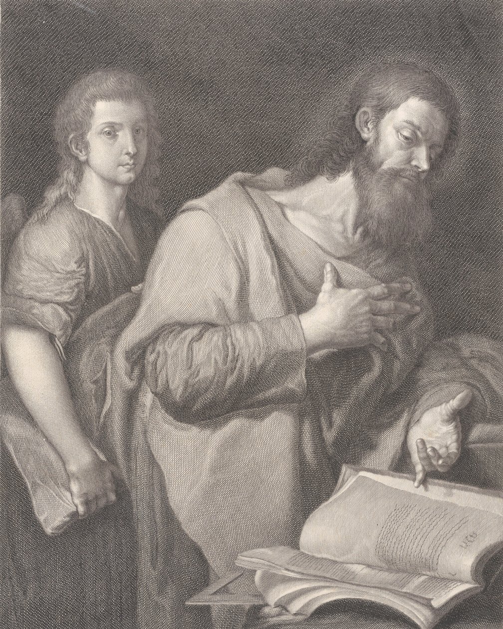 Saint Matthew, stående framför en bok till höger med en hand på bröstet, en annan man vara..., 1750-84 av Carlo Faucci