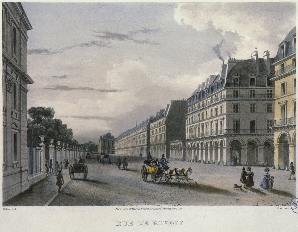 Rue de Rivol, graverad av Frederic Martens (1809-75) 1832 (färgstick) av Carlo Gilio
