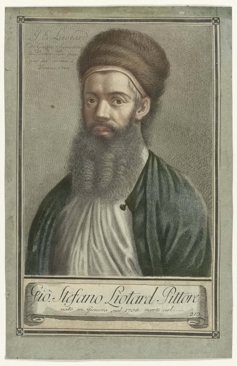 Porträtt av målaren Jean-Etienne Liotard i turkisk kostym med skägg och pälsmössa Porträtt av konstnärer (serietitel) av Carlo Gregori (possibly)