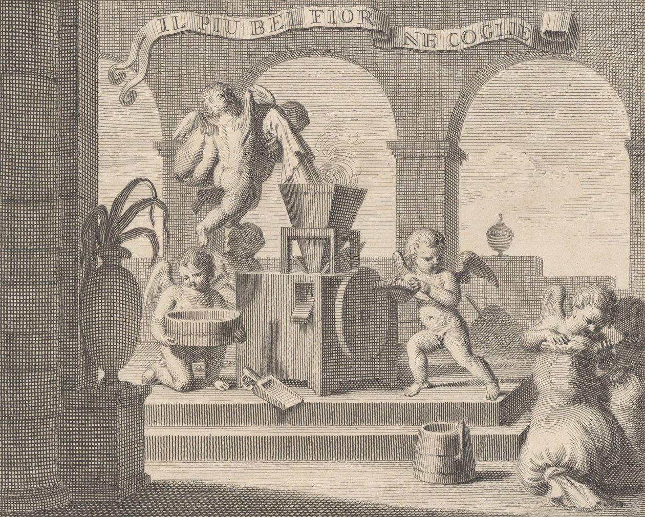 Hon samlar den vackraste blomman Il più bel fior ne coglie, en grupp om sex putti workin..., 1740-59. av Carlo Gregori