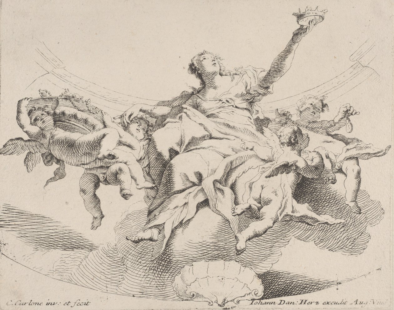 Makt, representerad av en kvinna sittande på moln med en krona och omgiven av putti,..., 1725-75. av Carlo Innocenzo Carloni