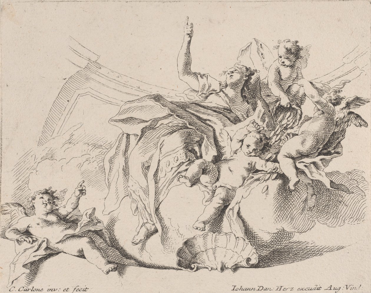 Rikedom, representerad av en kvinna sittande på moln och omgiven av putti, av vilka en är..., 1725-75. av Carlo Innocenzo Carloni