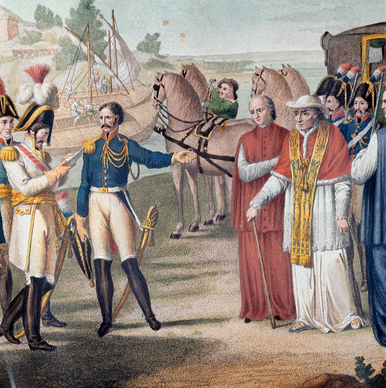 Påven Pius VII (Pio) (1742-1823) arresterades när han återvände till Italien av den österrikisk-neapolitanska armén nära Parma den 25 mars 1814 - Gravyr av Carlo Lasinio (1759-1838) - Färglitografi (gripandet av påven Pius VII (1742-1823) vid sin återkomst av Carlo Lasinio