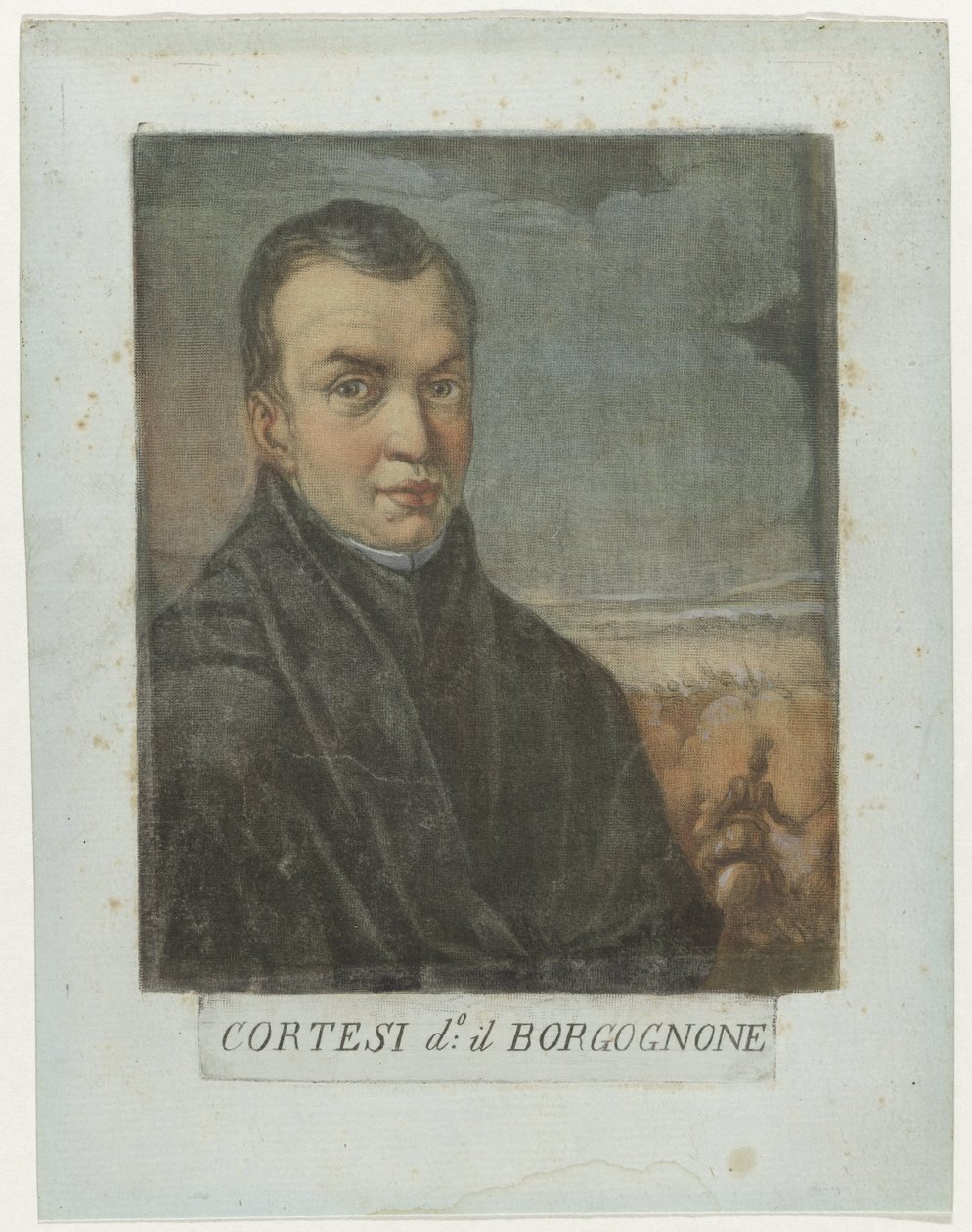 Porträtt av målare Jacques Courtois Kunstenaars Zelfportret En in de Galleria degli Uffizi te Florence (serietitel) Självporträtten av Real Galleria di Firenze (serietitel) av Carlo Lasinio
