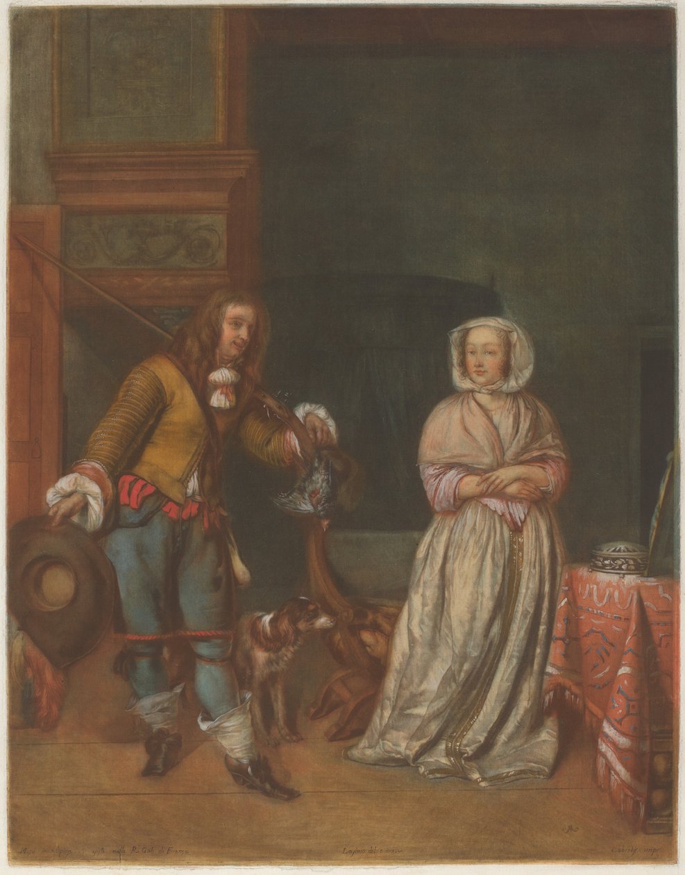 Huntsman besöker en dam av Carlo Lasinio after Gabriel Metsu