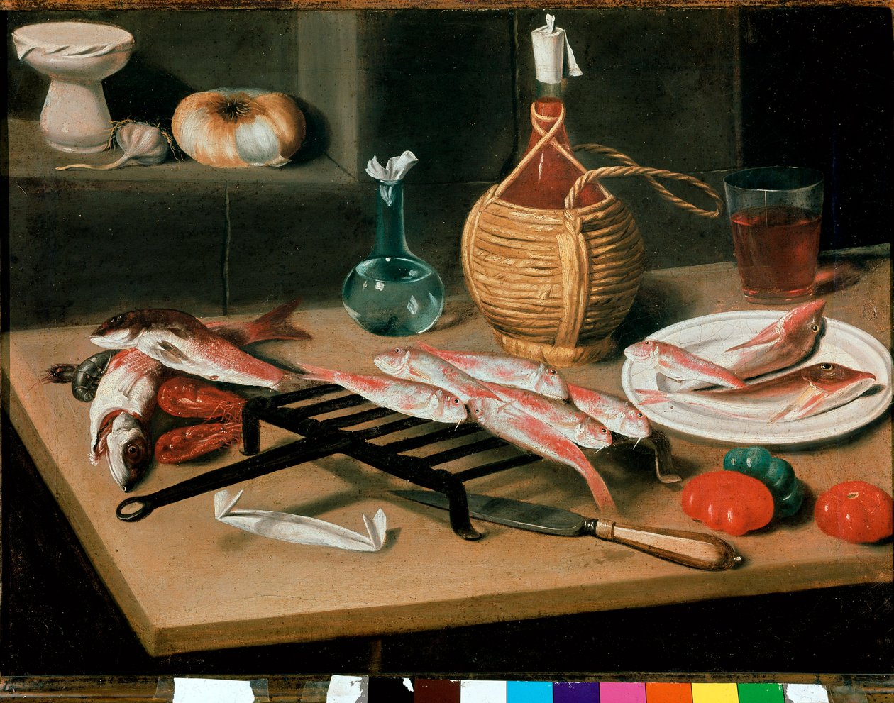 Stillebensbord med grillade fisktallrikar (mullet) och flaska vin (damigiana). Målning av Carlo Magini (1720-1806). Faenza, Pinacoteca comunale av Carlo Magini