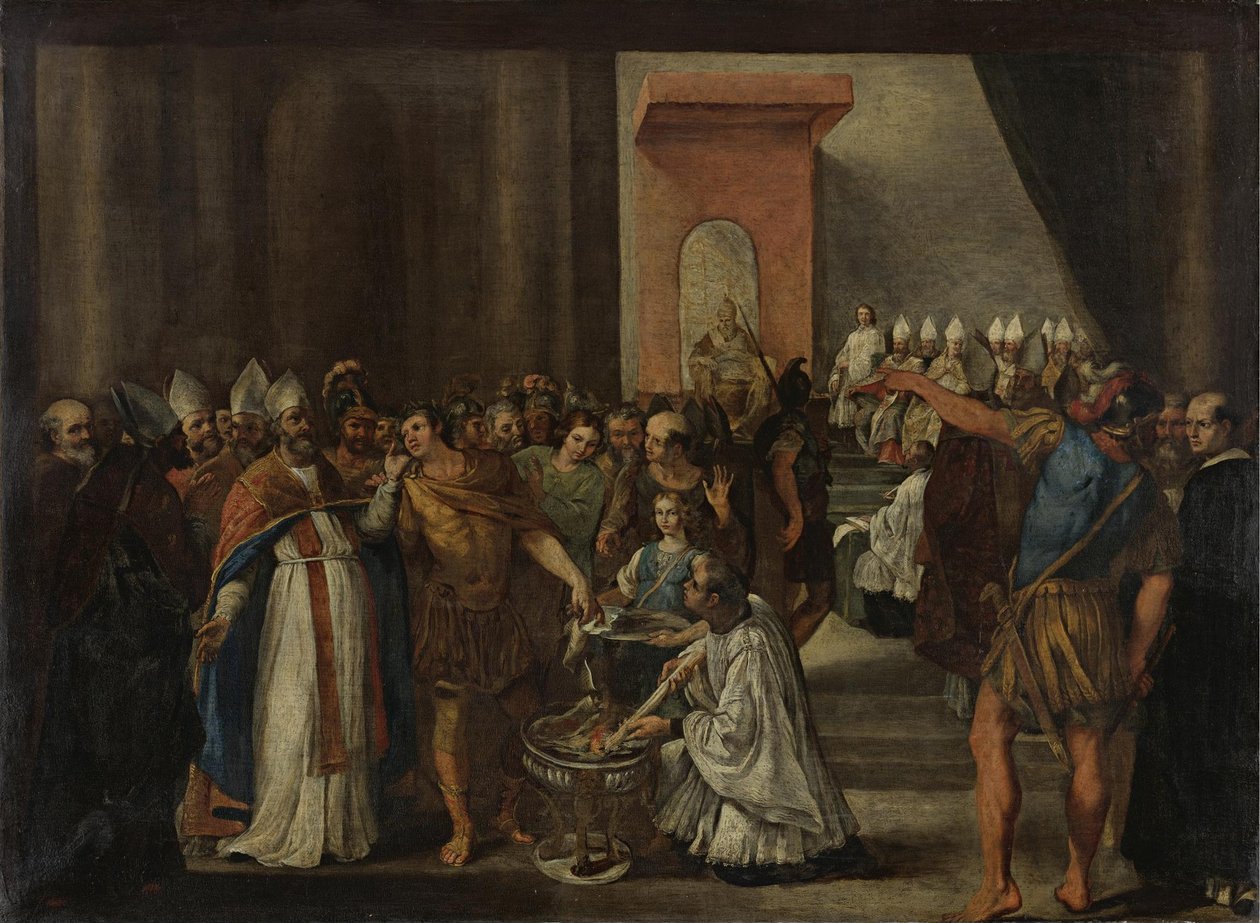 Kejsar Konstantin bränner arianska böcker, 1640-talet av Carlo Magnone