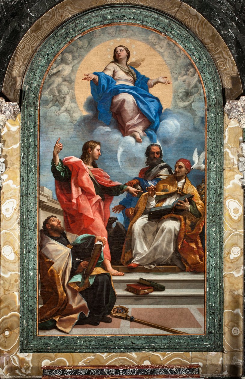 Obefläckad avlelse och Sankt Johannes evangelisten, Sankt Gregoire den store, Sankt Johannes Krysostomos och Sankt Augustinus (olja på duk av Carlo Maratta or Maratti