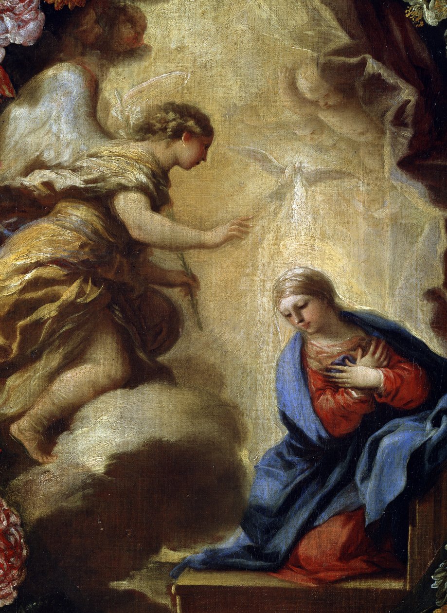 ""Bebådelsen med blommor"" Målning av Carlo Maratta (1625-1713) Detalj. Mikalojus Konstantinas Ciurlionis Fine Arts Museum, Kaunas, Litauen av Carlo Maratta or Maratti