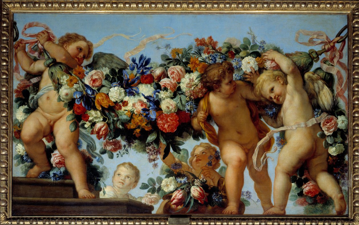 Kärlek och kransar av blommor Målning av Carlo Maratta (1625-1713) 1600-talets sön. 1,06x1,73 m av Carlo Maratta or Maratti