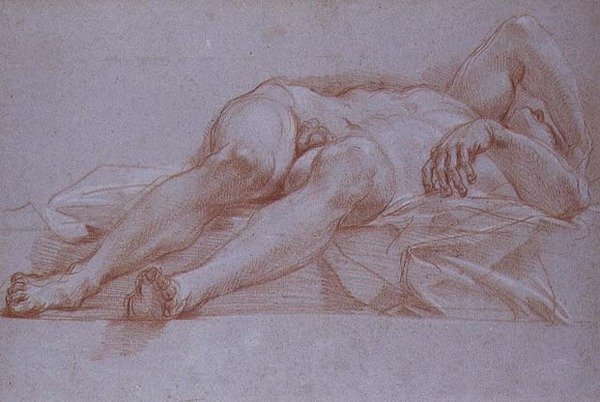 Studie för figuren av Sisera, krita på papper, ca 1680: preliminär ritning för mosaiken av Jael och Sisera för kapellet för presentationen i Peterskyrkan, Rom. av Carlo Maratta or Maratti