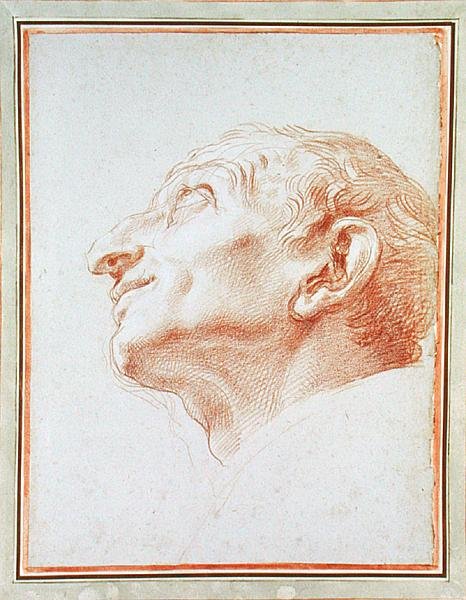 Studie för huvudet av den helige Karl Borromeo (rödkrita förstärkt med vitt på blått papper) av Carlo Maratta or Maratti