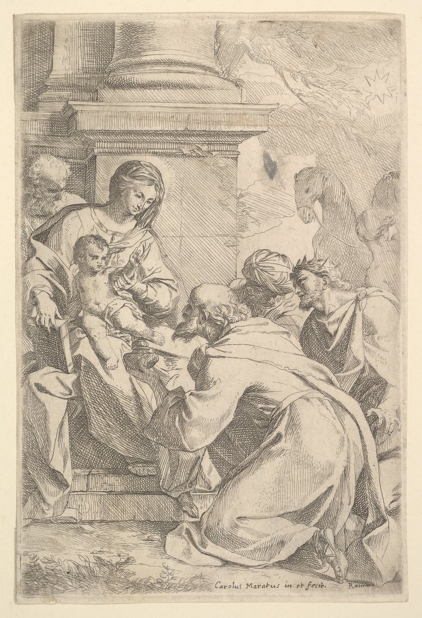 Tillbedjan av Magi. av Carlo Maratta or Maratti